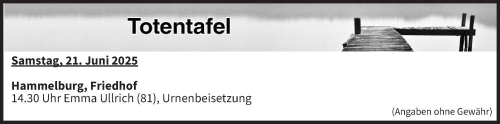  Traueranzeige für Totentafel vom 21.06.2025 vom 21.06.2025 aus MGO