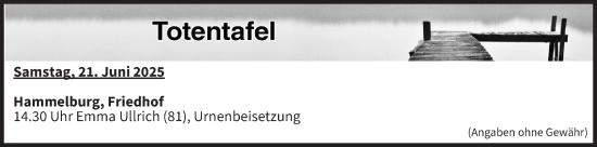 Anzeige von Totentafel vom 21.06.2025 von MGO