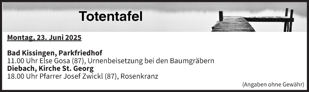  Traueranzeige für Totentafel vom 23.06.2025 vom 23.06.2025 aus MGO