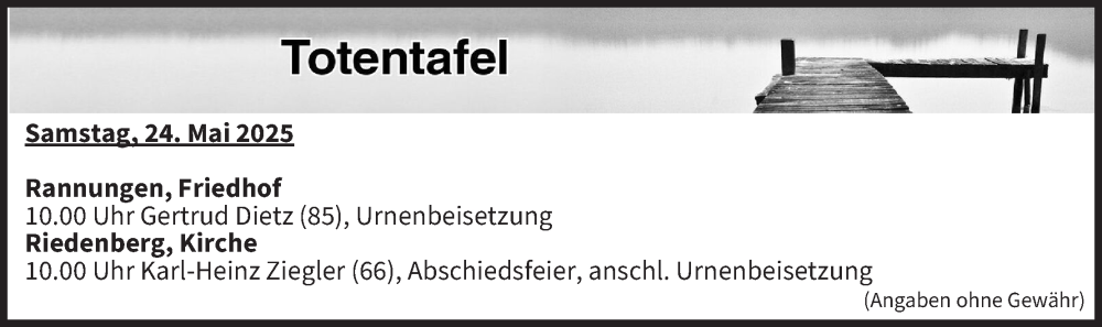  Traueranzeige für Totentafel vom 24.05.2025 vom 24.05.2025 aus MGO