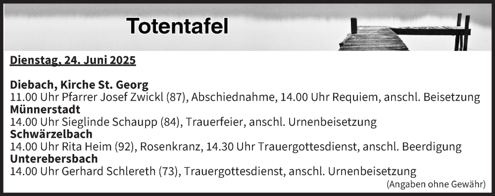  Traueranzeige für Totentafel vom 24.06.2025 vom 24.06.2025 aus MGO