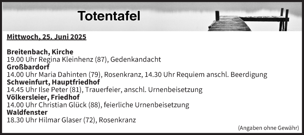  Traueranzeige für Totentafel vom 25.06.2025 vom 25.06.2025 aus MGO