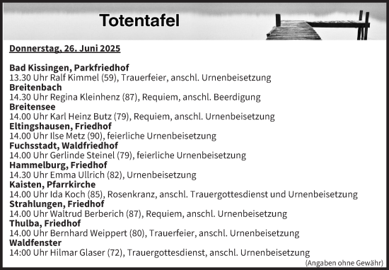 Anzeige von Totentafel vom 26.06.2025 von MGO