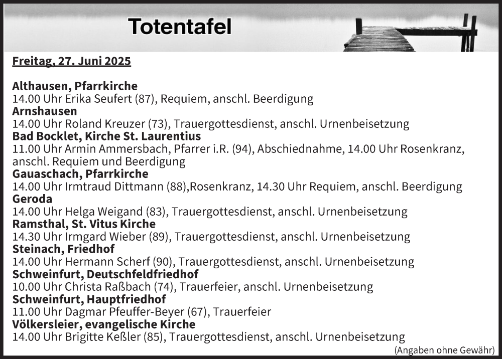  Traueranzeige für Totentafel vom 27.06.2025 vom 27.06.2025 aus MGO