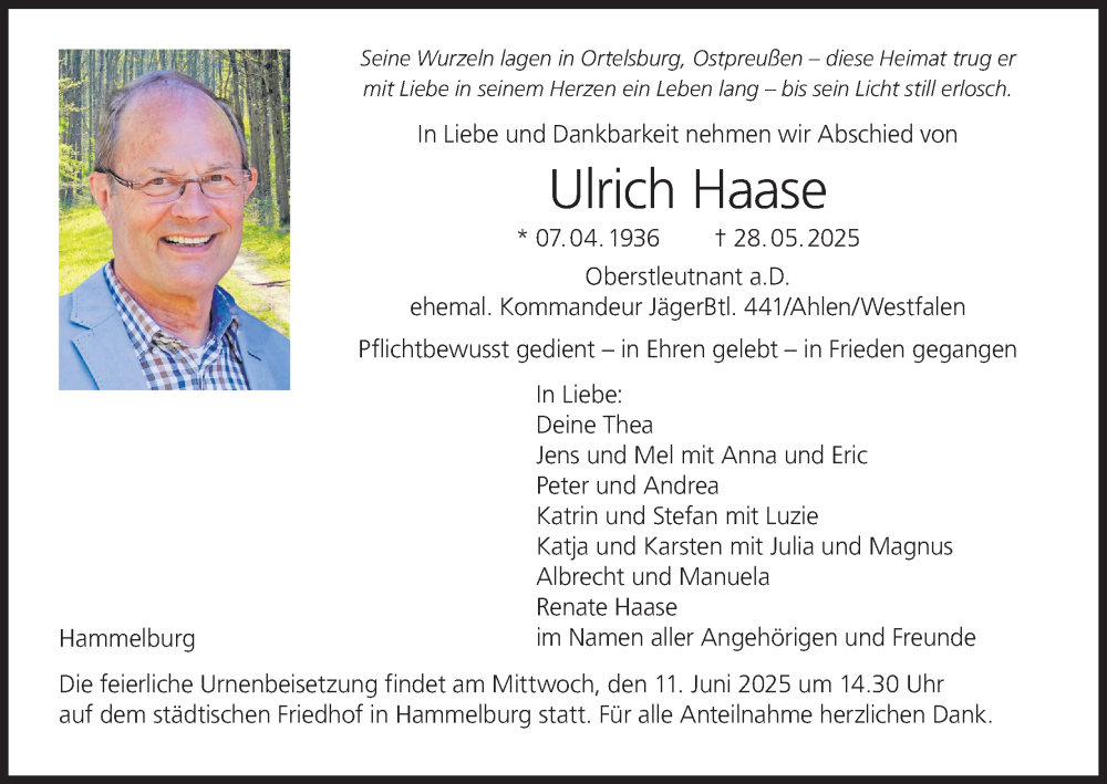  Traueranzeige für Ulrich Haase vom 07.06.2025 aus MGO