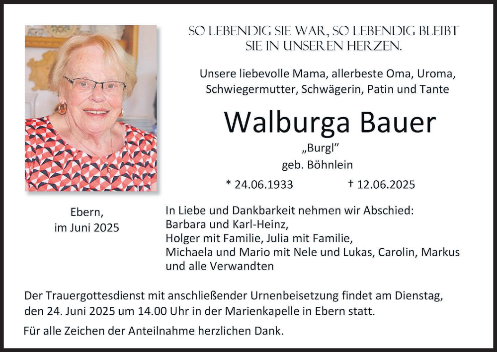 Traueranzeige für Walburga Bauer vom 21.06.2025 aus MGO