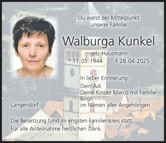Anzeige von Walburga Kunkel von MGO