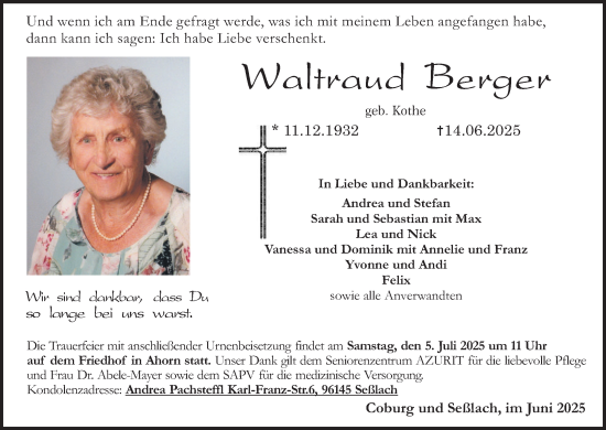 Anzeige von Waltraud Berger von MGO