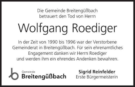 Anzeige von Wolfgang Roediger von MGO
