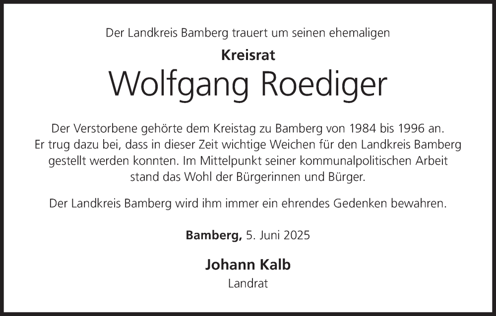  Traueranzeige für Wolfgang Roediger vom 05.06.2025 aus MGO