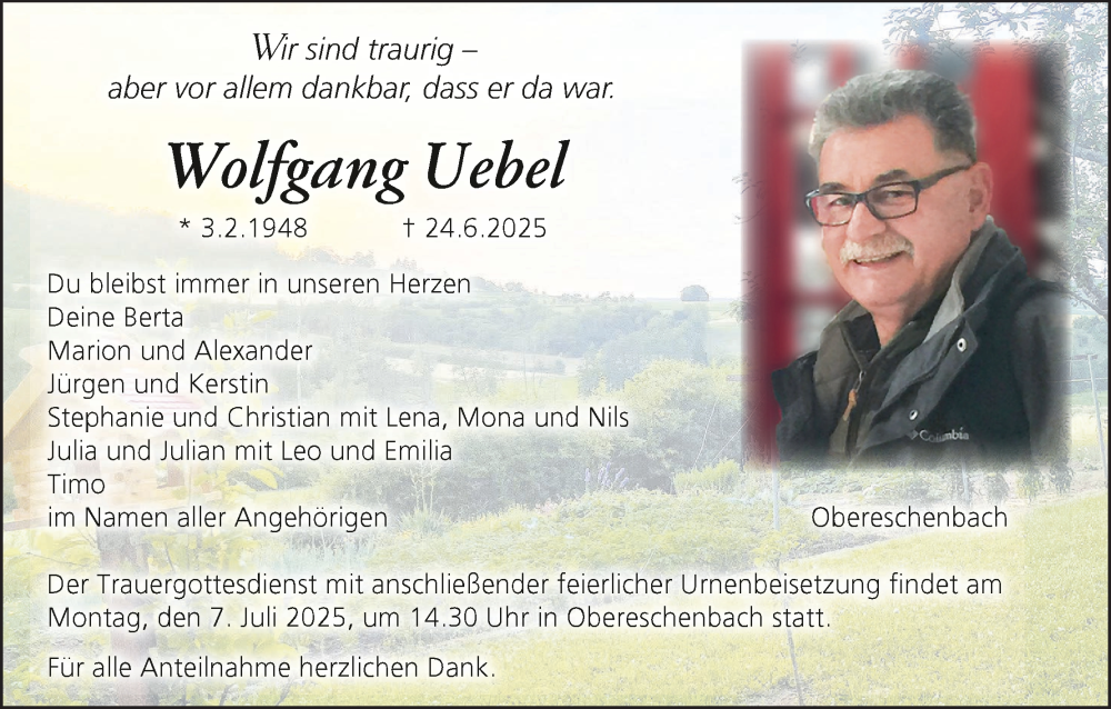  Traueranzeige für Wolfgang Uebel vom 28.06.2025 aus MGO