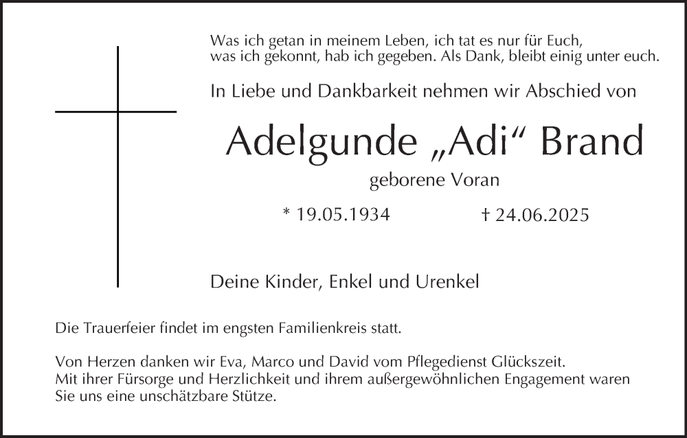  Traueranzeige für Adelgunde Brand vom 02.07.2025 aus MGO
