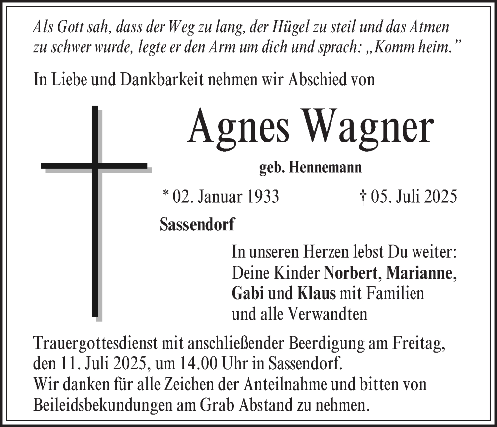  Traueranzeige für Agnes Wagner vom 08.07.2025 aus MGO