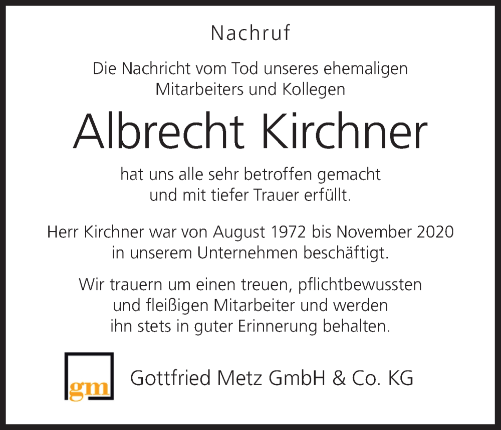  Traueranzeige für Albrecht Kirchner vom 12.07.2025 aus MGO