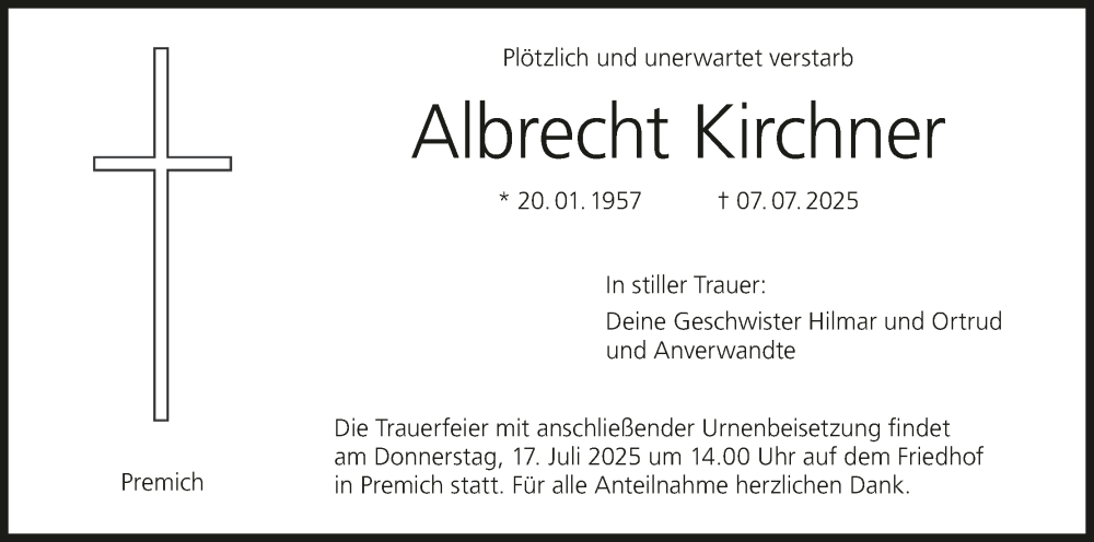 Traueranzeige für Albrecht Kirchner vom 12.07.2025 aus MGO