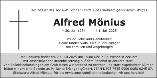 Anzeige von Alfred Mönius von MGO
