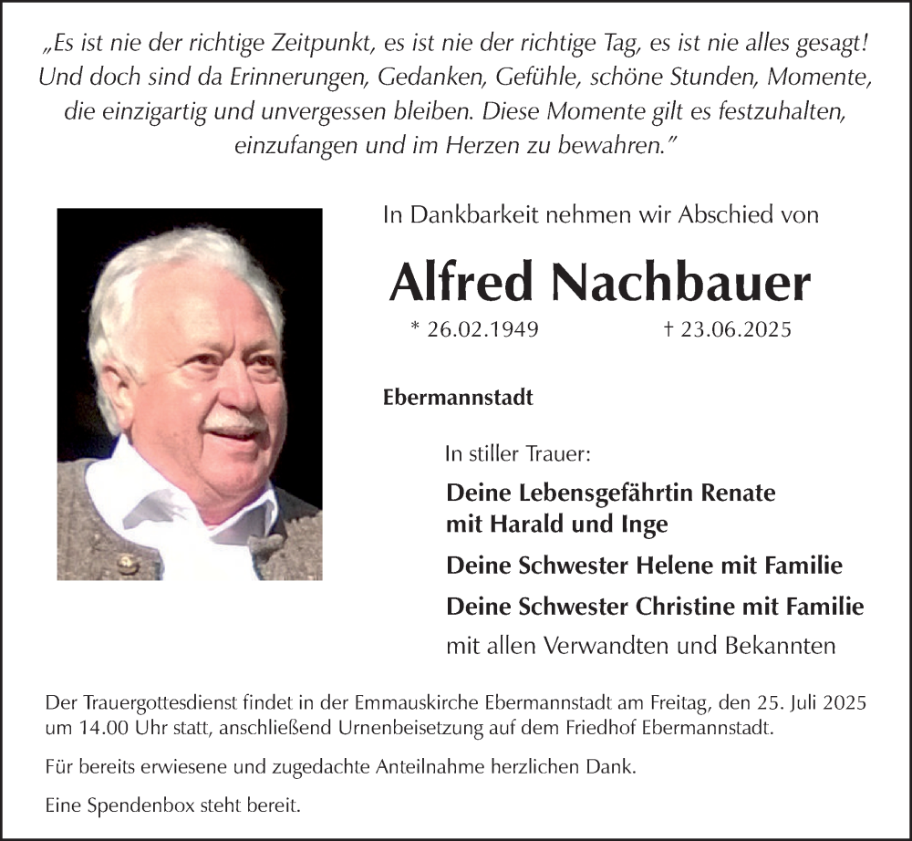  Traueranzeige für Alfred Nachbauer vom 19.07.2025 aus MGO