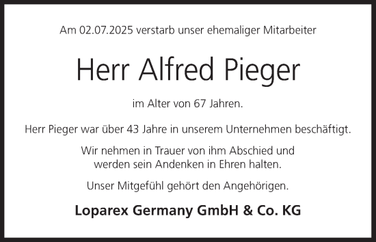 Anzeige von Alfred Pieger von MGO