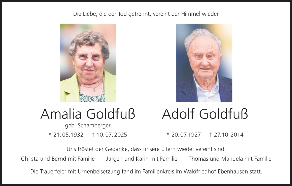  Traueranzeige für Amalia und Adolf Goldfuß vom 26.07.2025 aus MGO
