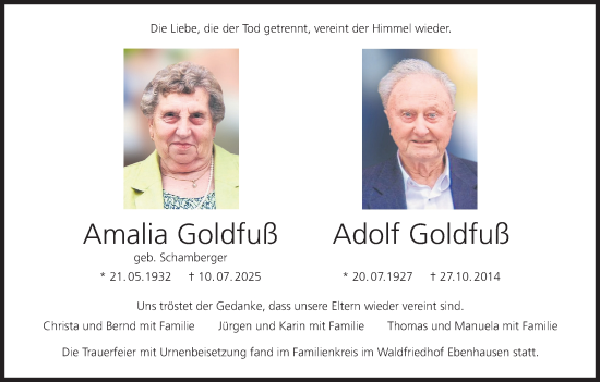Anzeige von Amalia und Adolf Goldfuß von MGO