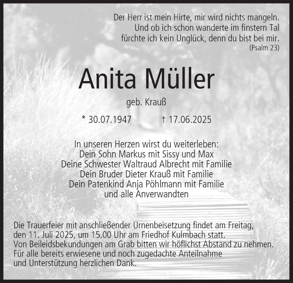  Traueranzeige für Anita Müller vom 05.07.2025 aus MGO