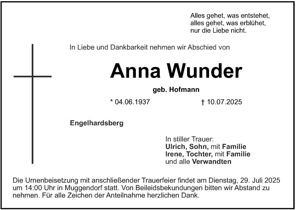  Traueranzeige für Anna Wunder vom 26.07.2025 aus MGO