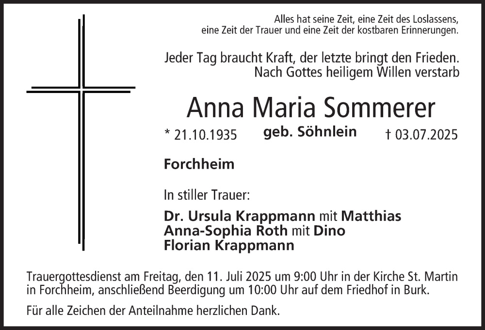  Traueranzeige für Anna Maria Sommerer vom 09.07.2025 aus MGO