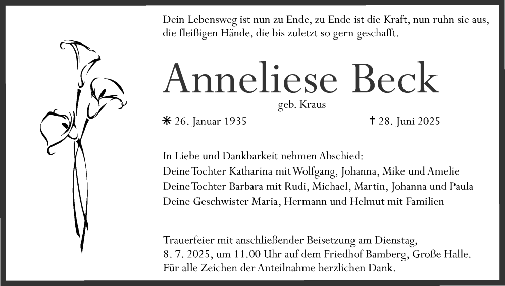 Traueranzeige für Anneliese Beck vom 05.07.2025 aus MGO