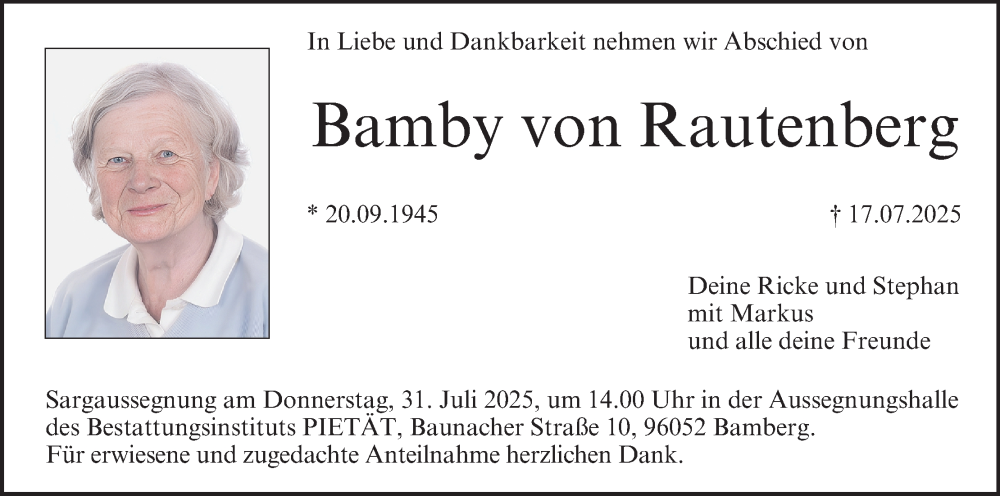  Traueranzeige für Bamby von Rautenberg vom 26.07.2025 aus MGO
