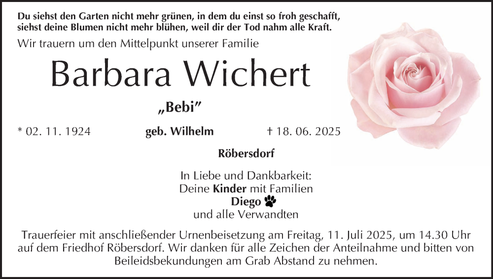  Traueranzeige für Barbara Wichert vom 05.07.2025 aus MGO