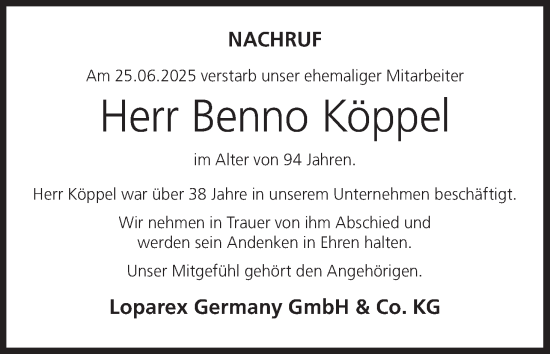 Anzeige von Benno Köppel von MGO