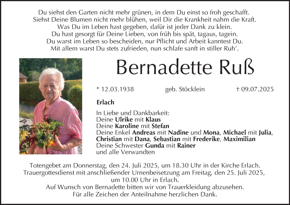  Traueranzeige für Bernadette Ruß vom 19.07.2025 aus MGO