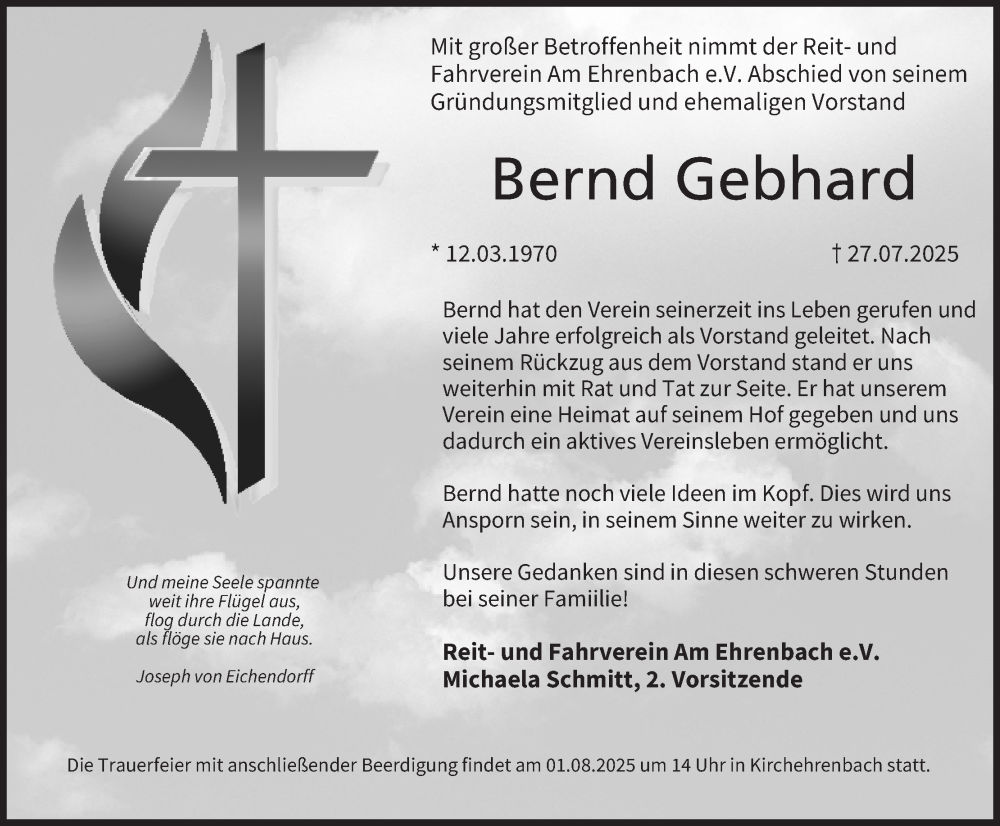  Traueranzeige für Bernd Gebhard vom 30.07.2025 aus MGO