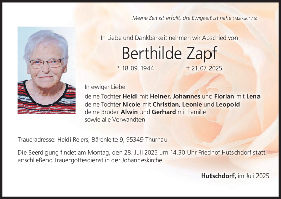 Anzeige von Berthilde Zapf von MGO