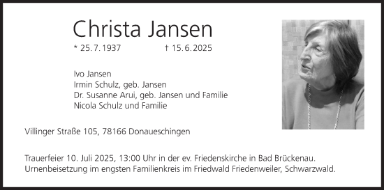 Anzeige von Christa Jansen von MGO
