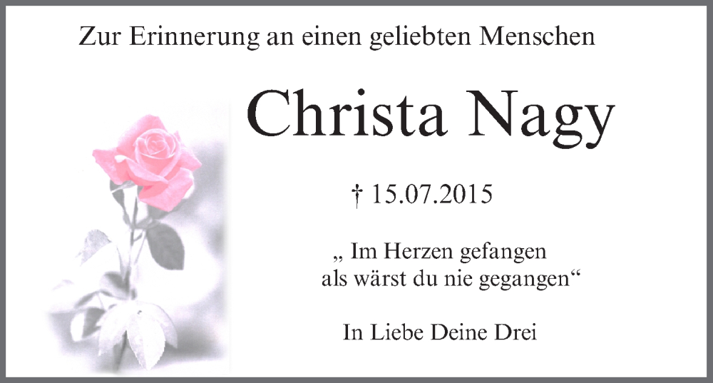  Traueranzeige für Christa Nagy vom 15.07.2025 aus MGO