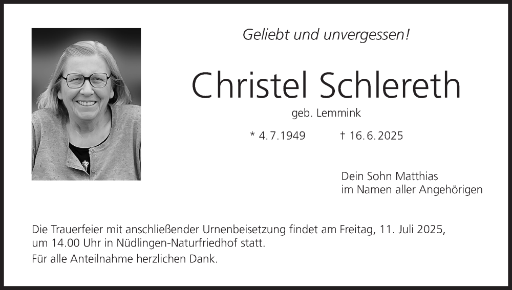  Traueranzeige für Christel Schlereth vom 05.07.2025 aus MGO