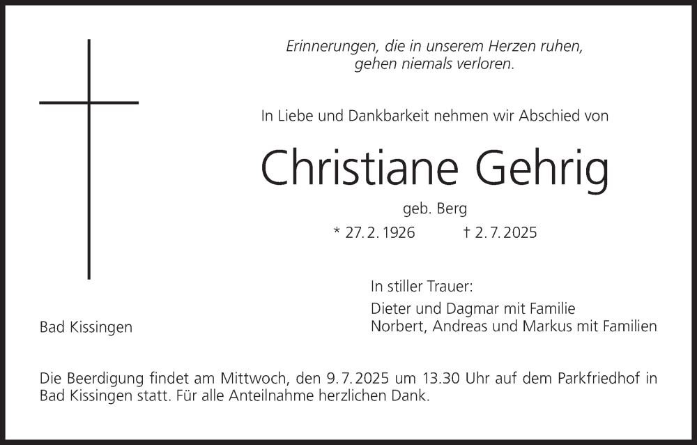  Traueranzeige für Christiane Gehrig vom 05.07.2025 aus MGO