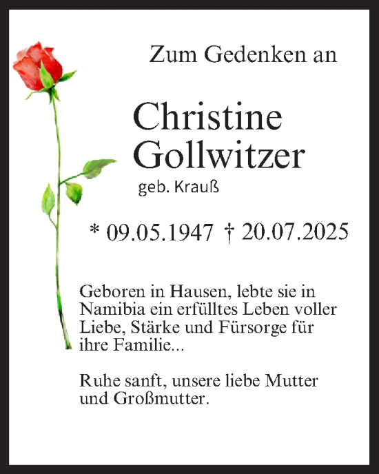 Anzeige von Christine Gollwitzer von MGO