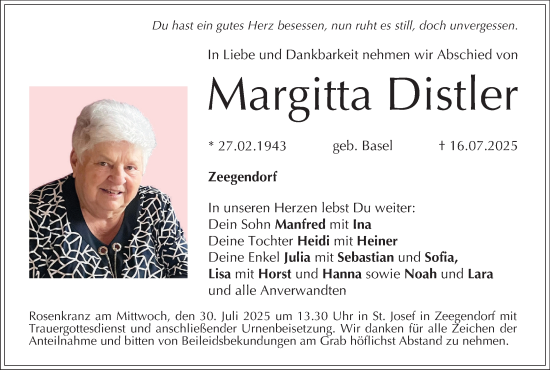 Anzeige von Margitta Distler 