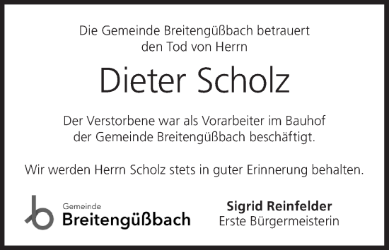 Anzeige von Dieter Scholz von MGO