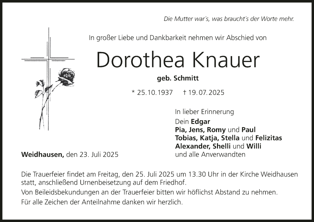  Traueranzeige für Dorothea Knauer vom 23.07.2025 aus MGO