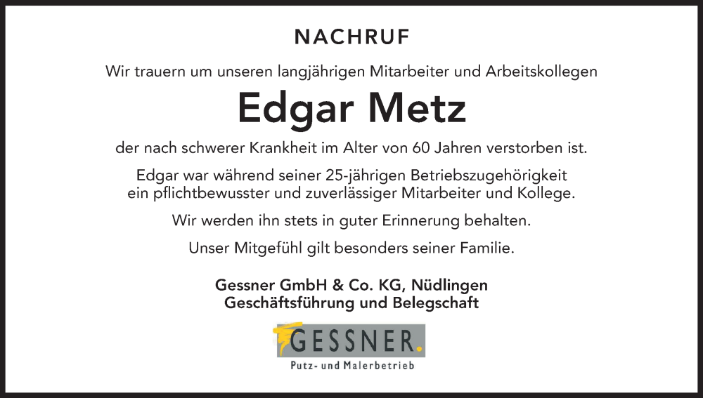  Traueranzeige für Edgar Metz vom 05.07.2025 aus MGO