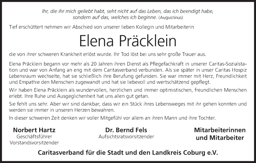  Traueranzeige für Elena Präcklein vom 05.07.2025 aus MGO