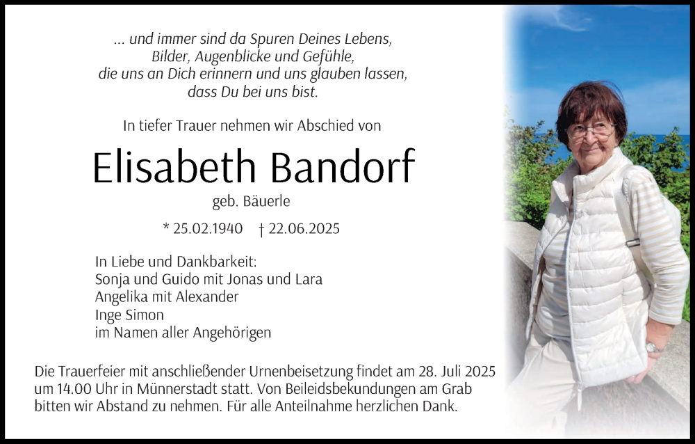  Traueranzeige für Elisabeth Bandorf vom 19.07.2025 aus MGO