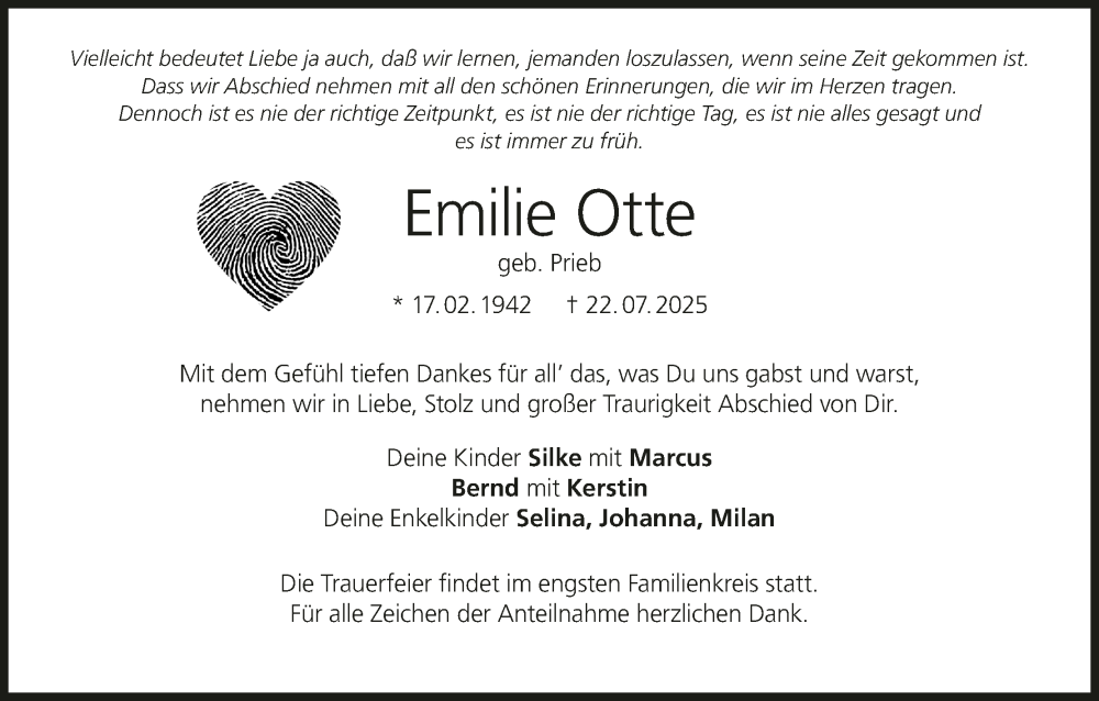  Traueranzeige für Emilie Otte vom 26.07.2025 aus MGO