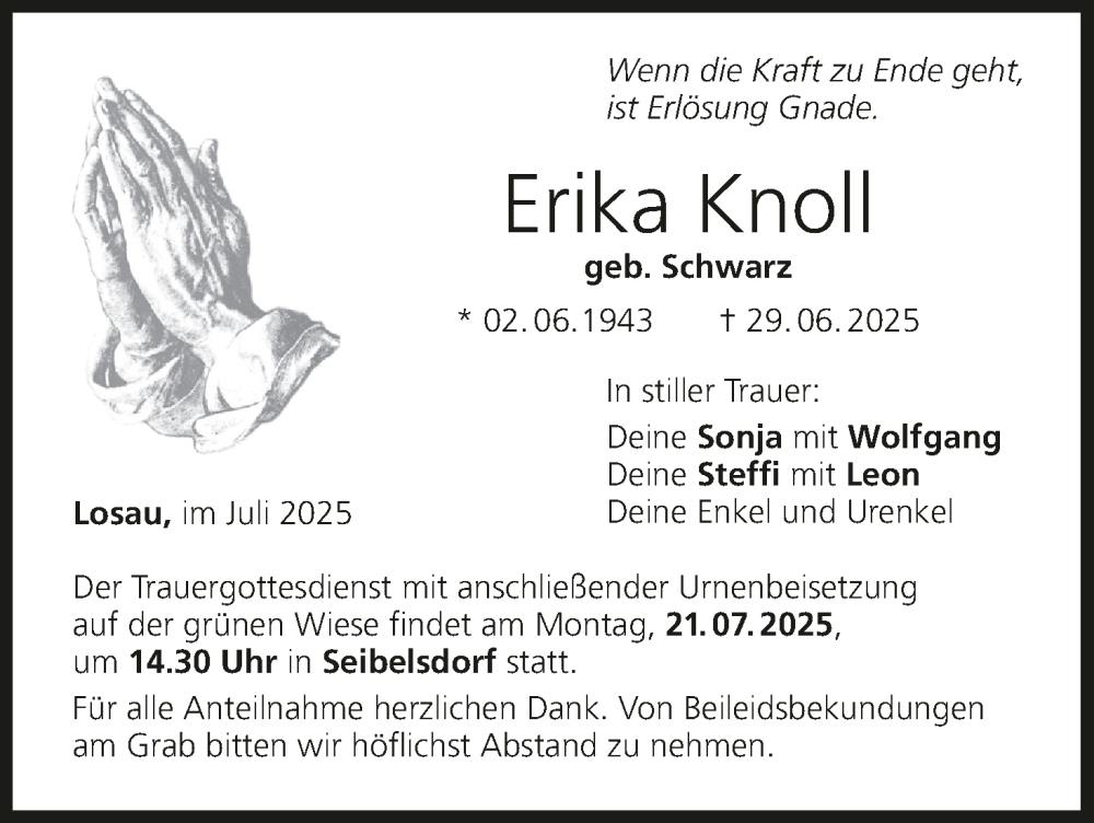  Traueranzeige für Erika Knoll vom 19.07.2025 aus MGO