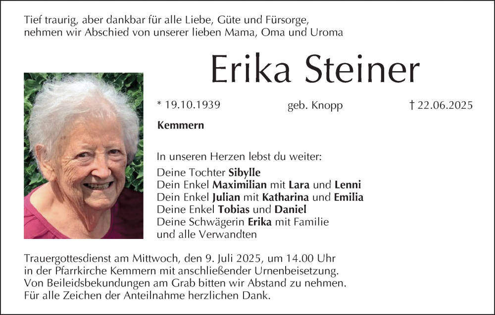  Traueranzeige für Erika Steiner vom 05.07.2025 aus MGO