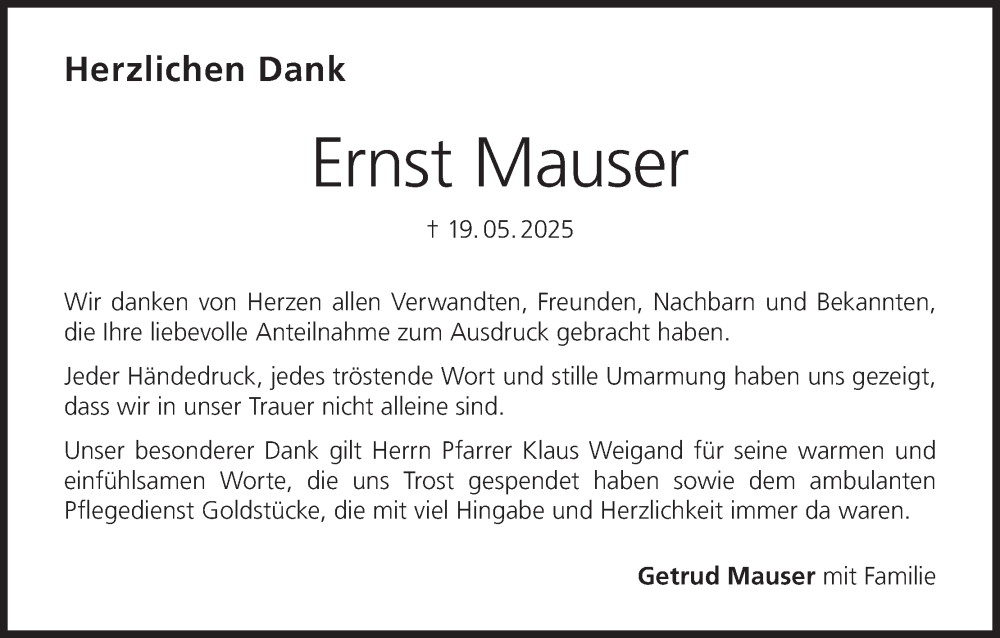  Traueranzeige für Ernst Mauser vom 12.07.2025 aus MGO