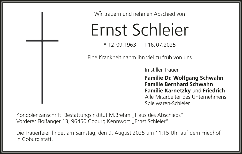  Traueranzeige für Ernst Schleier vom 26.07.2025 aus MGO